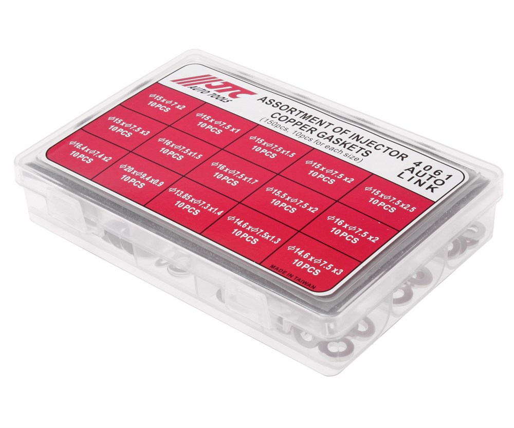 jtc-4061-2 JTC-4061 - Шайба медная под форсунки (в боксе) 150шт. JTC - Описание
	Универсальные медные шайбы 15-ти различных диаметров подходят для любых форсунок инжекторной системы.
	Размеры: 13.85x7.3x1.4 - 10 шт.; 14.6x7.5x1.3 - 10 шт.; 14.6x7.5x3 - 10 шт.; 1 — изображение 3