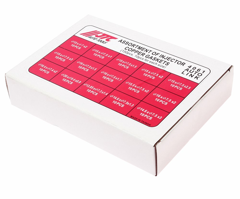 jtc-4061-3 JTC-4061 - Шайба медная под форсунки (в боксе) 150шт. JTC - Описание
	Универсальные медные шайбы 15-ти различных диаметров подходят для любых форсунок инжекторной системы.
	Размеры: 13.85x7.3x1.4 - 10 шт.; 14.6x7.5x1.3 - 10 шт.; 14.6x7.5x3 - 10 шт.; 1 — изображение 4