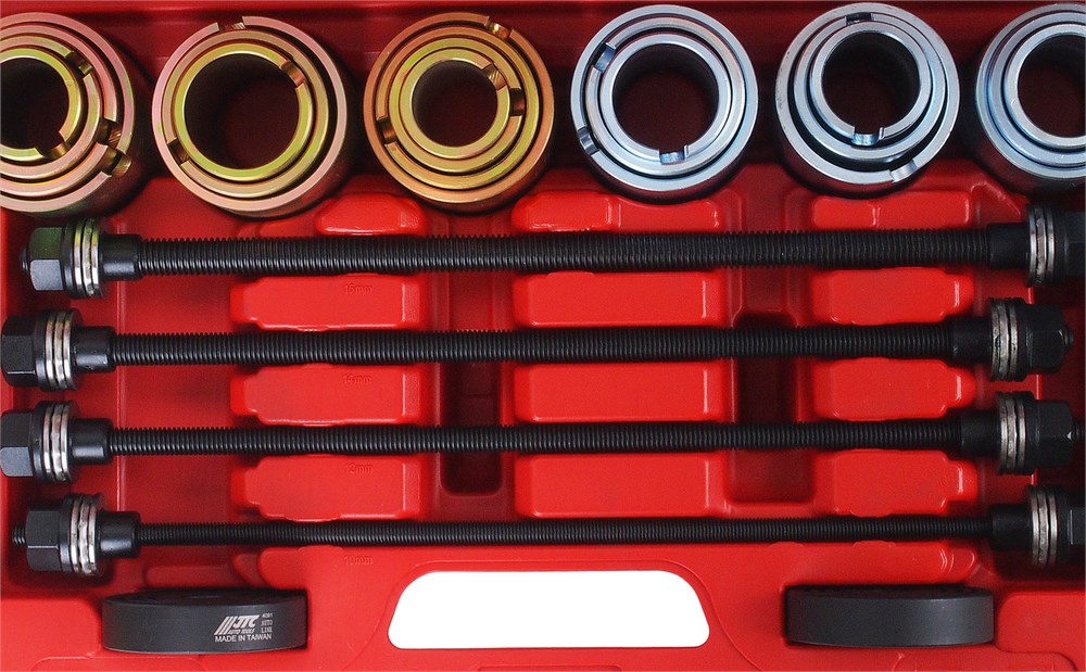 jtc-4091-3 JTC-4091 - Набор инструментов для демонтажа/монтажа сайлентблоков внутр. d=34-72мм универсальный 26 пр. JTC - 
Универсальный набор используется для снятия и установки сайлентблоков и резиновых втулок.
Общее количество предметов в наборе: 26.
Компле — изображение 4