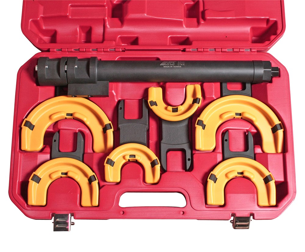 jtc-4274-1 JTC-4274 - Набор инструментов для стяжки пружин с пневмоприводом (3 пары захватов, ход 317мм) в кейсе JTC - Комплектация 
Вал с регулируемой длиной (600-917 мм), ход штока 317 мм.
Захваты (мин/макс/внутр диаметр: 80/110/65 мм) - 2 шт.
Захваты  (мин/м — изображение 2