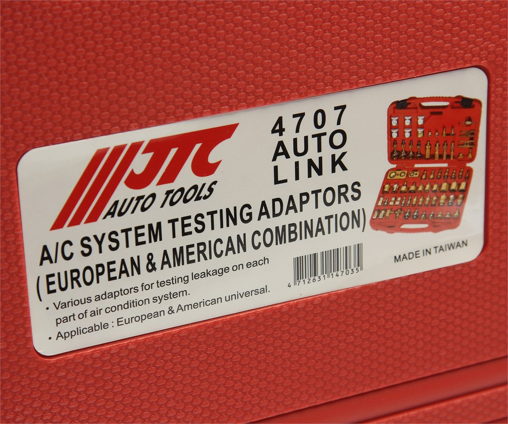 jtc-4707-7 JTC-4707 - Набор адаптеров для тестирования автокондиционера (европейские и американские автомоб.) в кейсе JTC - 
	В набор входят различные адаптеры для тестирования системы кондиционирования на предмет утечек.
	Предназначен для проверки расширительного — изображение 8