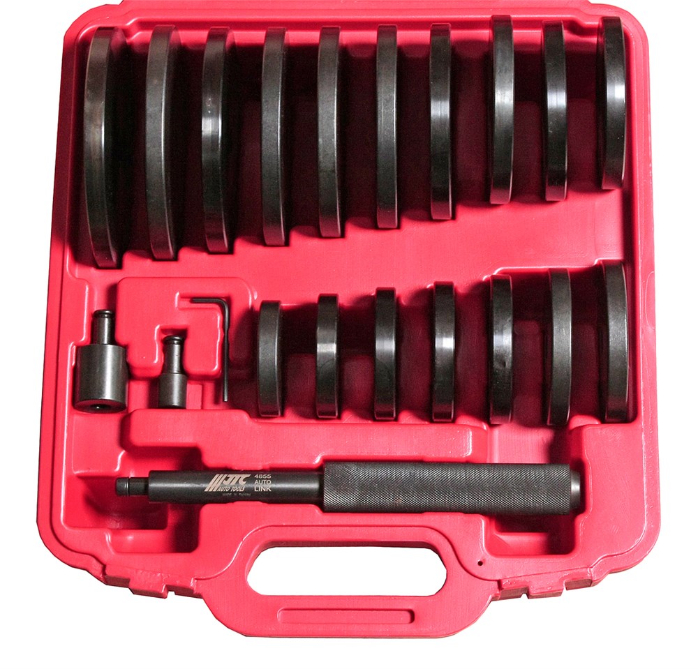 jtc-4855-1 JTC-4855 - Набор оправок для выпрессовки подшипников, втулок, сальников 70-150мм 21 предмет в кейсе JTC - Комплектация 
Размеры оправок: от 70 до 150 мм, с шагом 5 мм – 17 шт.
Рукоятка – 1 шт.
Ключ шестигранный – 1 шт.
Переходники – 2 шт.
Описа — изображение 2