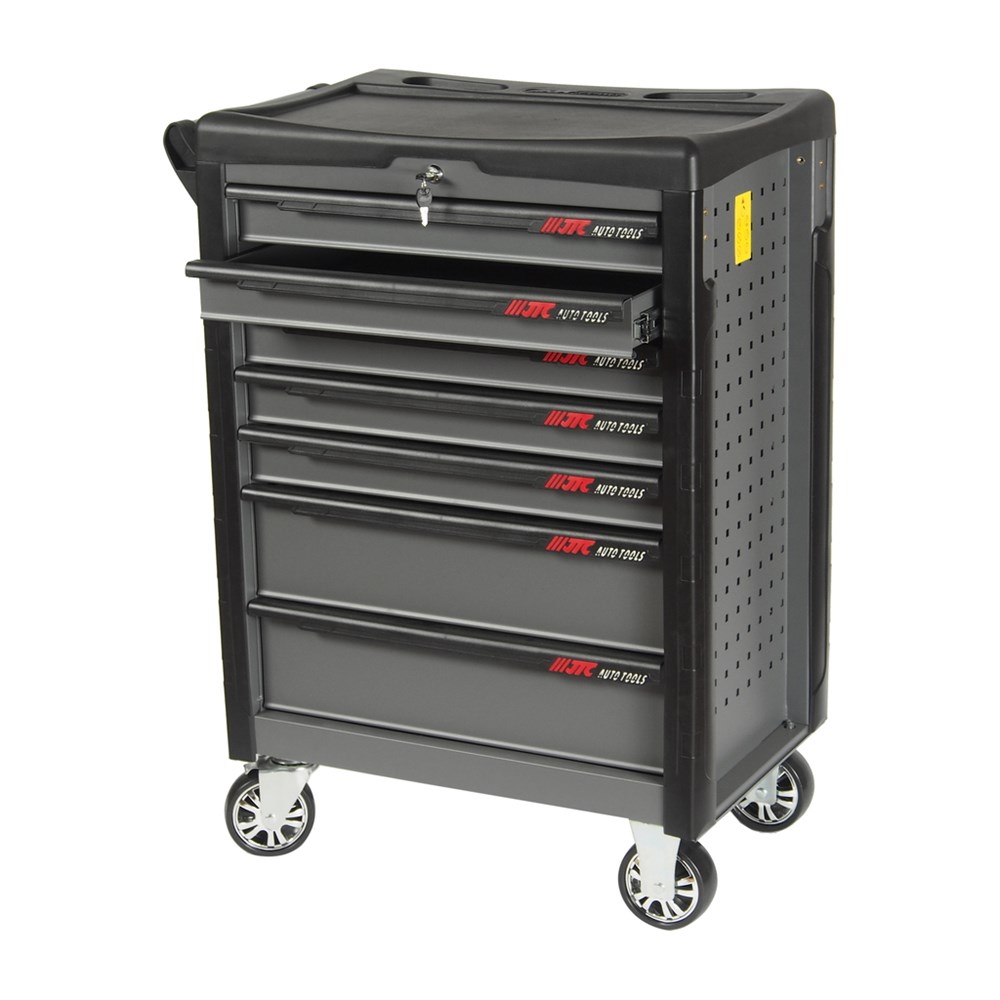 jtc-5021c-1 JTC-5021C - Тележка инструментальная 7 секций серая JTC - 
Размеры ящика: 568x378x75 мм (154 мм два нижних).
Оборудована большой прочной пластиковой ручкой.
Перфорированные боковые стенки с квадратными отверстиями предоставляют возможность разместить д — изображение 2