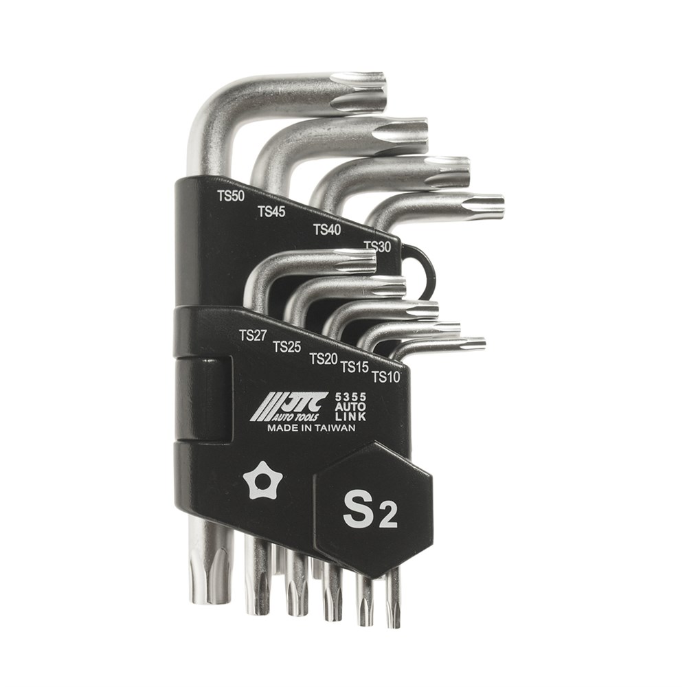 JTC-5355 - Набор ключей TORX ТS10-ТS50 пятилучевых Г-образных с отверстием 9 предметов JTC - 
Набор ключей ТS10, ТS15, ТS20, ТS25, ТS27, ТS30, ТS40, ТS45, ТS50 и Г-образным держателем 9 пр. JTC
Материал: Сталь - S2, поверхность посеребрянная. 
Размер: