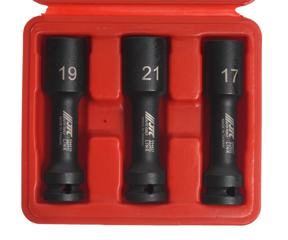 jtc-5444-1 JTC-5444 - Набор головок ударных для литых дисков 17-19-21мм L=100мм 3 предмета в кейсе JTC - 
Размер: 1/2"Dr. х 6PT.
Длина: 100 мм.
В комплекте:
 JTC-5444-17: головка ударная 17 мм., ø24, глубина 22,
JTC-5444-19: головка ударная 19 мм., &os — изображение 2