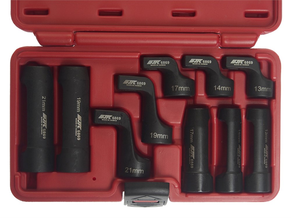 jtc-6869-1 JTC-6869 - Набор головок для кислородных датчиков (3/8"-13,14,17мм; 1/2"-19,21мм) 10 предметов JTC - 
Специально разработан для накидных гаек на топливопроводах высокого давления и датчиках EGT.
Комплектация: 3/8'DR: 13, 14, 17 мм 6PT (прямая и со см — изображение 2
