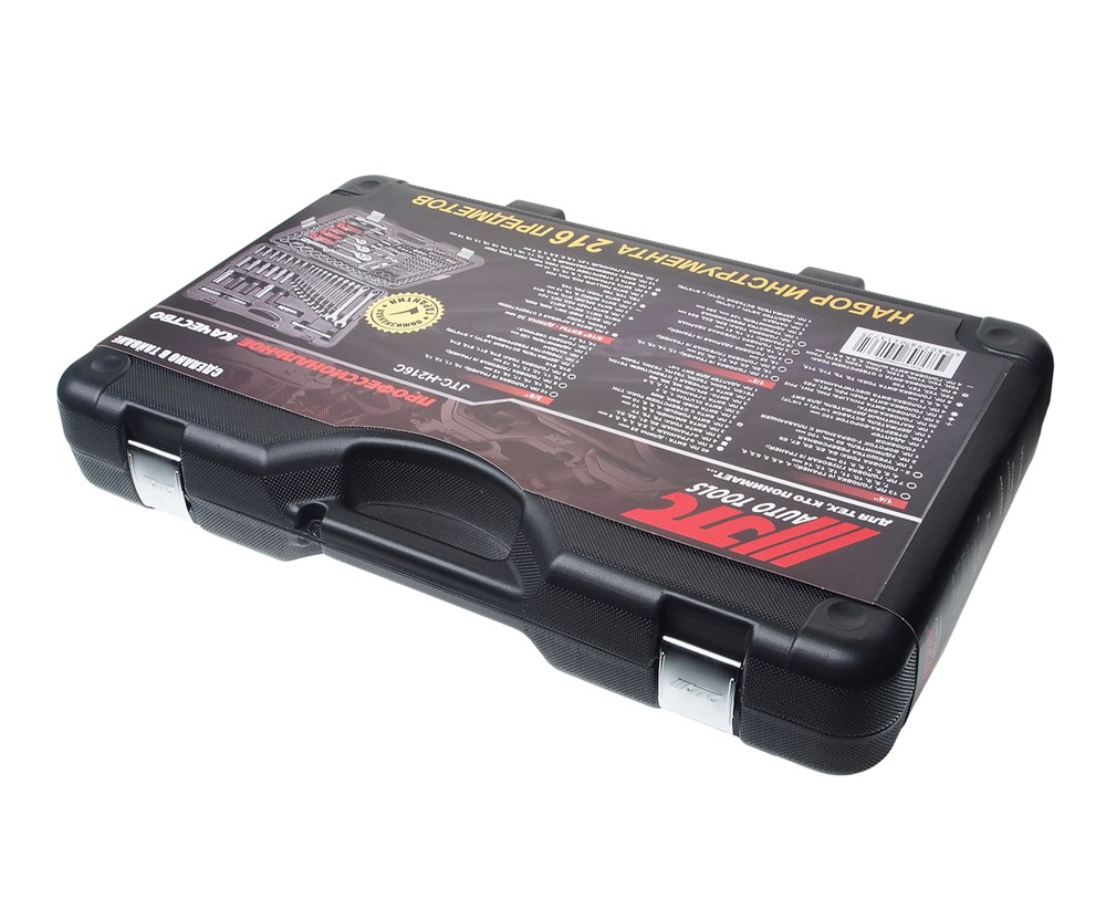 jtc-h216c-b72-5 JTC-H216C-B72 - Набор инструментов 216 предметов слесарно-монтажный 1/4",3/8",1/2" 6-ти гранных в кейсе JTC - Комплектация:
1/4"
6-гранные головки (13 предметов): 4, 4.5, 5, 5.5, 6, 7, 8, 9, 10, 11, 12, 13, 14 мм
6-гранные глубокие головки (7 пре — изображение 6