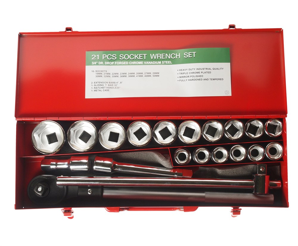 jtc-h621m-1 JTC-H621M - Набор головок торцевых 3/4" 6-ти гранных 19-50мм 21 предмет в кейсе JTC - 
В комплекте:
Трещоточная рукоятка 500 мм. – 1 шт.
Вороток с плавающей головкой 450 мм. – 1 шт.
Удлинитель 100 мм. (4”) – 1 шт.
Удлинитель 200 мм. (8”) – 1 шт.
Гол — изображение 2