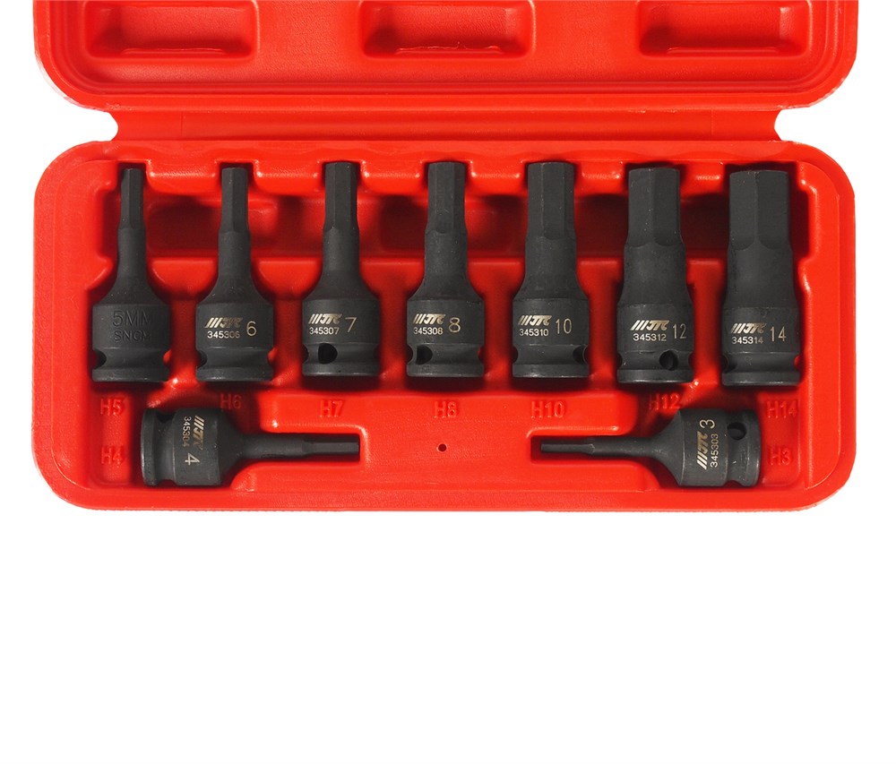 jtc-j309h-1 JTC-J309H - Набор бит-головок 3/8" HEX H3-14ммх52мм ударных 9 предметов в кейсе JTC -  
В комплекте: 
 
  
9 шт. - H-3, 4, 5, 6, 7, 8, 10, 12, 14. Под ключ 3/8”. 
  
 
Материал: SNCM 8660. 
Длина: 52 мм. 
Упаковка: прочный пластиковый кейс. — изображение 2