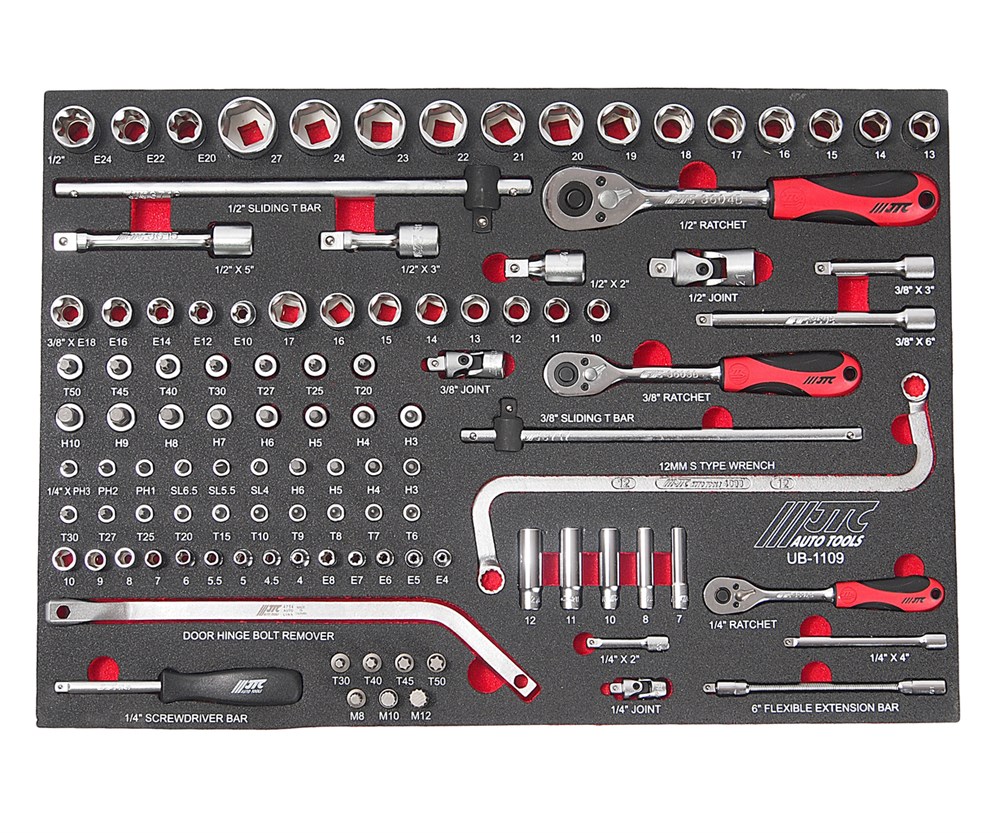 jtc-ub1109-1 JTC-UB1109 - Набор инструментов 109 предметов слесарно-монтажный в ложементе JTC - В комплекте:
Головки 1/2"Dr. х 6 граней: 13-24, 27 мм.
Головки 1/2"Dr.Torx: Е20, Е22, Е24.
Удлинители: 1/2"Dr: 2", 3", 5".
Вороток с плавающей головкой 1/2"Dr: 12". — изображение 2
