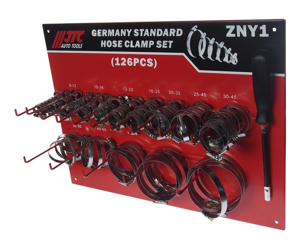 jtc-zny1-1 JTC-ZNY1 - Хомут ленточный ZN12-ZN90 червячный (нержавеющая сталь) с гибким воротком 7мм (стенд) 126 предм. JTC - 
Комплектация: ZN12 x 20, ZN16 x 20, ZN22 x 20, ZN25 x 10, ZN32 x 10, ZN40 x 10, ZN45 x 10, ZN50 x 5, ZN60 x 5, ZN70 x 5, ZN80 x 5, ZN90 x 5. — изображение 2