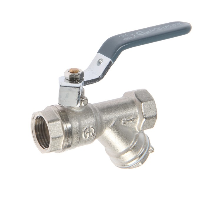 Кран шаровой AQUALINK, PN 30, внутренняя/внутренняя резьба 1/2&quot;, косой фильтр, рычаг, никел.