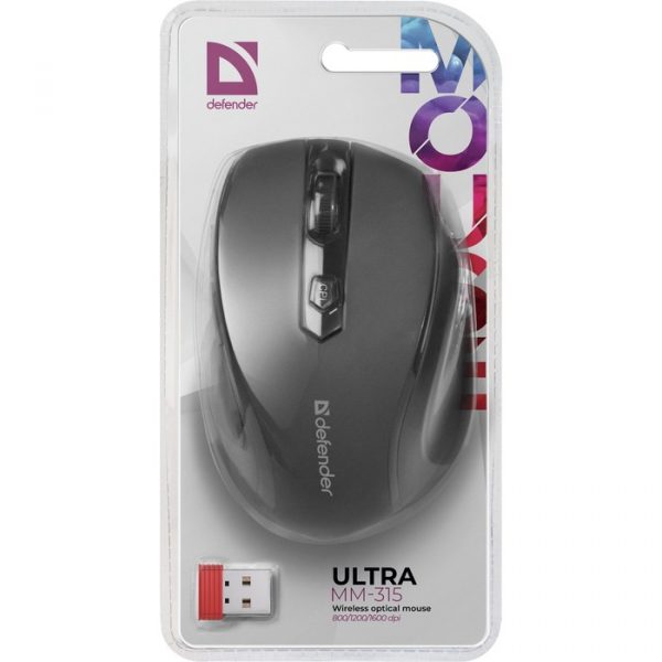 Мышь Defender Ultra MM-315, беспроводная, оптическая, 1600 dpi, 1xAA (не в компл), чёрная — изображение 6