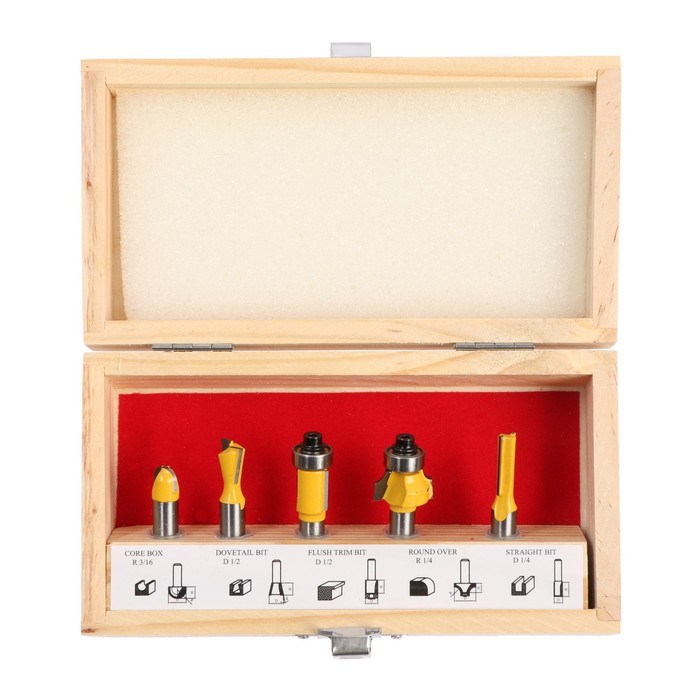 nabor-frez-po-derevu-tundra-derevjannyj-jashhik-hvostovik-8-mm-5-sht.-9200760-1 Набор фрез по дереву ТУНДРА, деревянный ящик, хвостовик 8 мм, 5 шт. — изображение 2