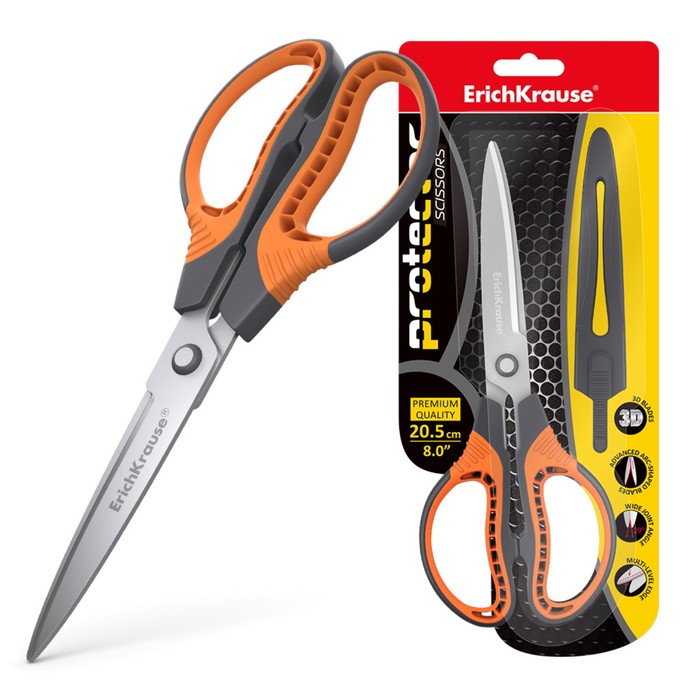 nozhnicy-20.5-sm-erichkrause-protector-s-chehlom-usilennye-udaroprochnye-sero-oranzhevye-5080748-1 Ножницы 20.5 см ErichKrause Protector, с чехлом, усиленные, ударопрочные, серо-оранжевые — изображение 2