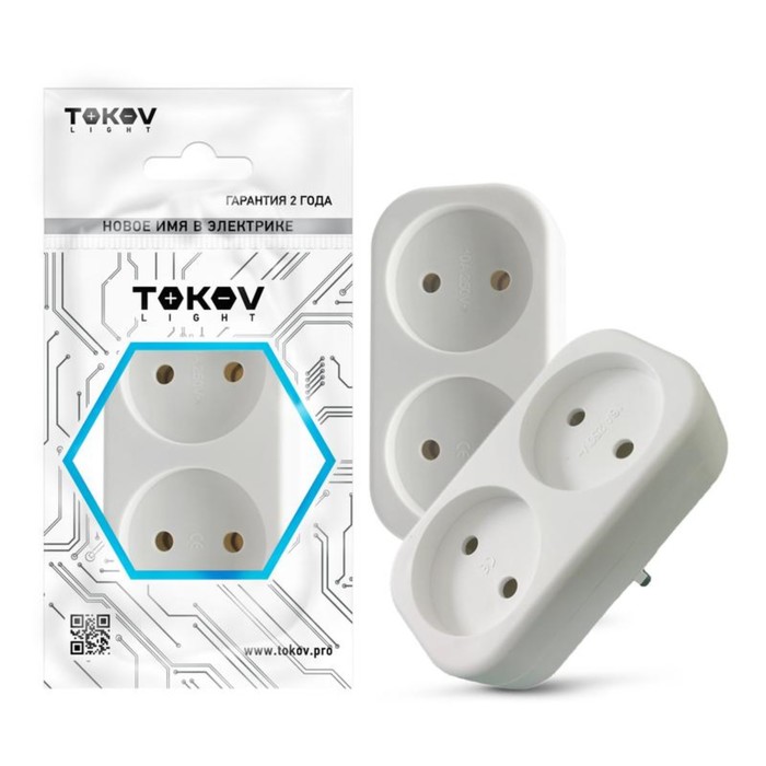 Разветвитель TOKOV ELECTRIC, 2-м, без з/к, 16А, 250В, IP20, полипропилен, белый, TKL-S2-C01