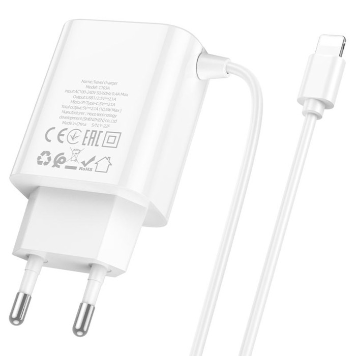 setevoe-zarjadnoe-ustrojstvo-hoco-c103a-2-usb-2.1-a-vstroennyj-kabel-lightning-1-mbeloe-9881697-2 Сетевое зарядное устройство Hoco C103A, 2 USB, 2.1 А, встроенный кабель Lightning, 1 м,белое — изображение 3