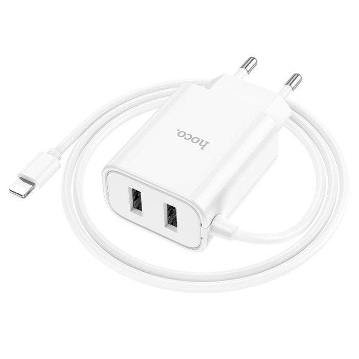 setevoe-zarjadnoe-ustrojstvo-hoco-c103a-2-usb-2.1-a-vstroennyj-kabel-lightning-1-mbeloe-9881697-5 Сетевое зарядное устройство Hoco C103A, 2 USB, 2.1 А, встроенный кабель Lightning, 1 м,белое — изображение 6