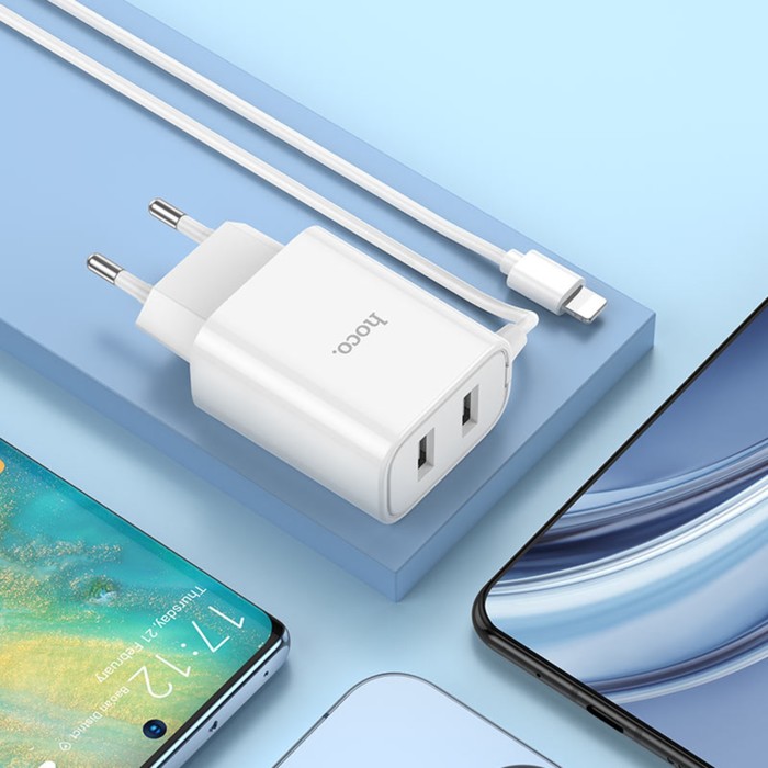 setevoe-zarjadnoe-ustrojstvo-hoco-c103a-2-usb-2.1-a-vstroennyj-kabel-lightning-1-mbeloe-9881697-6 Сетевое зарядное устройство Hoco C103A, 2 USB, 2.1 А, встроенный кабель Lightning, 1 м,белое — изображение 7