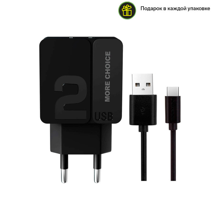 Сетевое зарядное устройство More choice NC46a, 2 USB, 2.4 А, кабель Type-C, черный