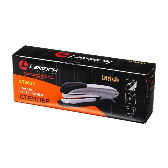 stepler-lamark-ulrich-246-i-266-metallicheskij-korpus-vstroennyj-antistepler-indikator-skob-do-30-listov-1305240-5 Степлер Lamark Ulrich №24/6 и 26/6, металлический корпус, встроенный антистеплер, индикатор скоб, до 30 листов — изображение 6