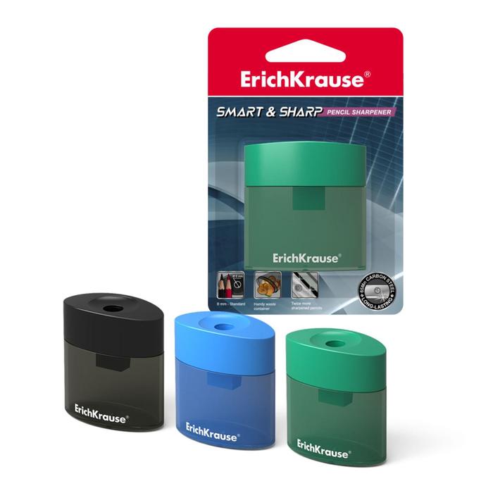 Точилка 1 отверстие ErichKrause Smart &amp; Sharp, с контейнером, отверстие диаметром 8 мм, в блистере, микс