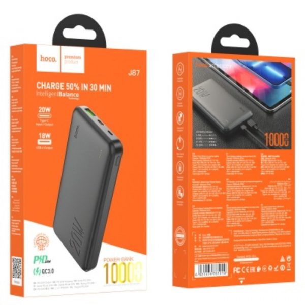 Внешний аккумулятор Hoco J87, 10000 мАч, 1 USB, 1 Type-C, 3 А, дисплей, чёрный — изображение 7