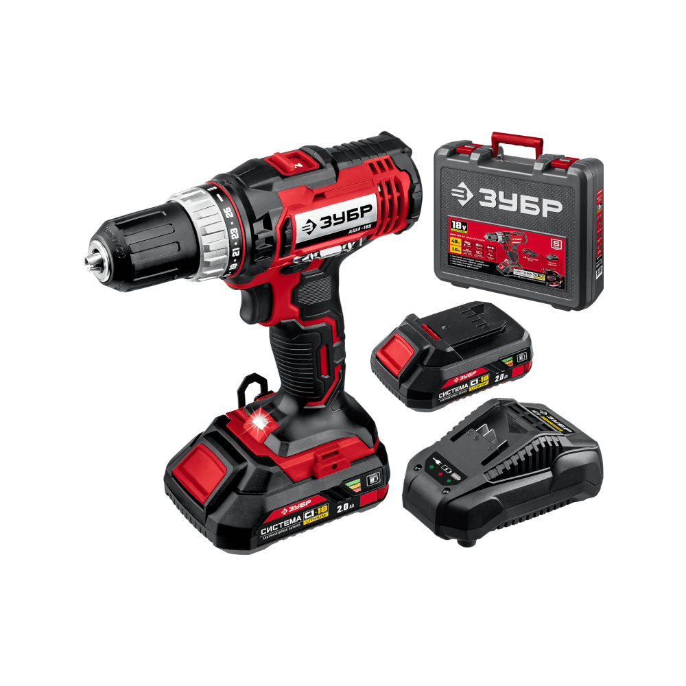 ЗУБР. Дрель аккумуляторная С1-18 (18В, 2 АКБ (2Ач), 40 Нм, кейс) ДШЛ-185-22