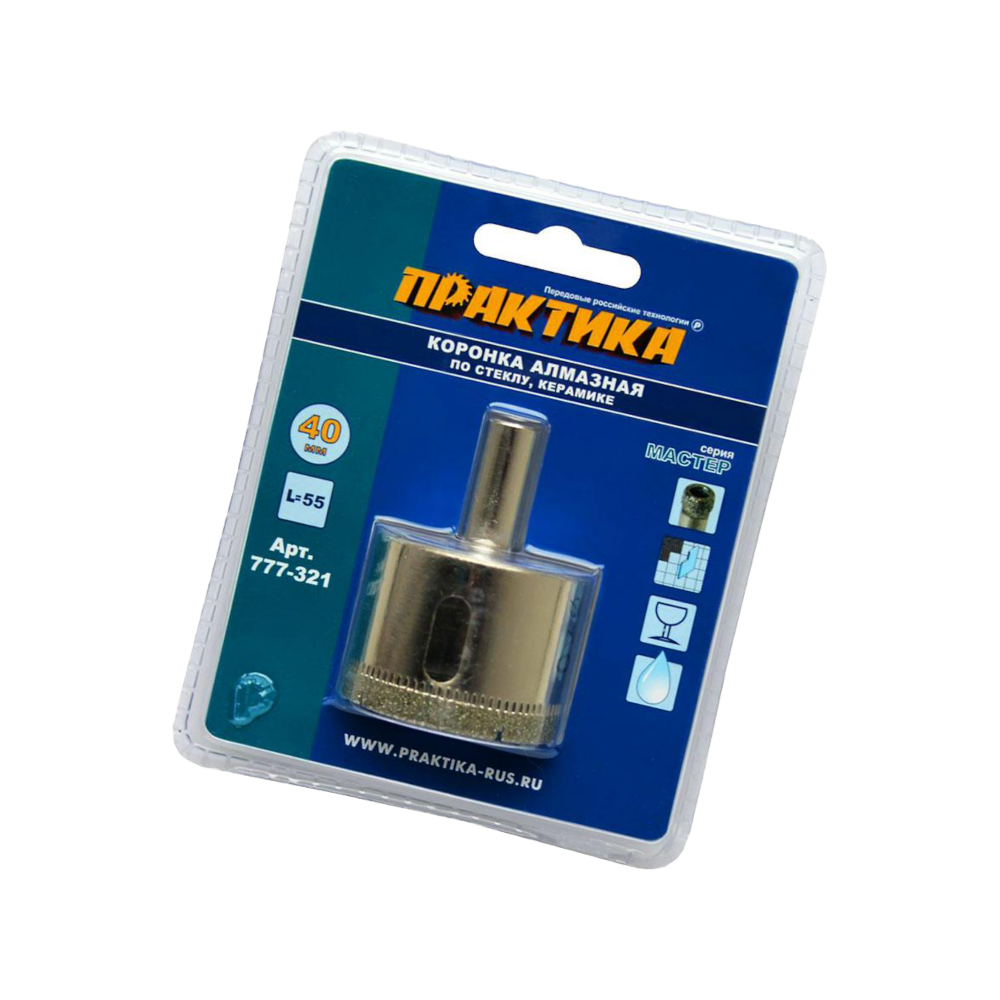 Коронка алмазная по стеклу и керамике 40 мм, Практика 777-321 Мастер