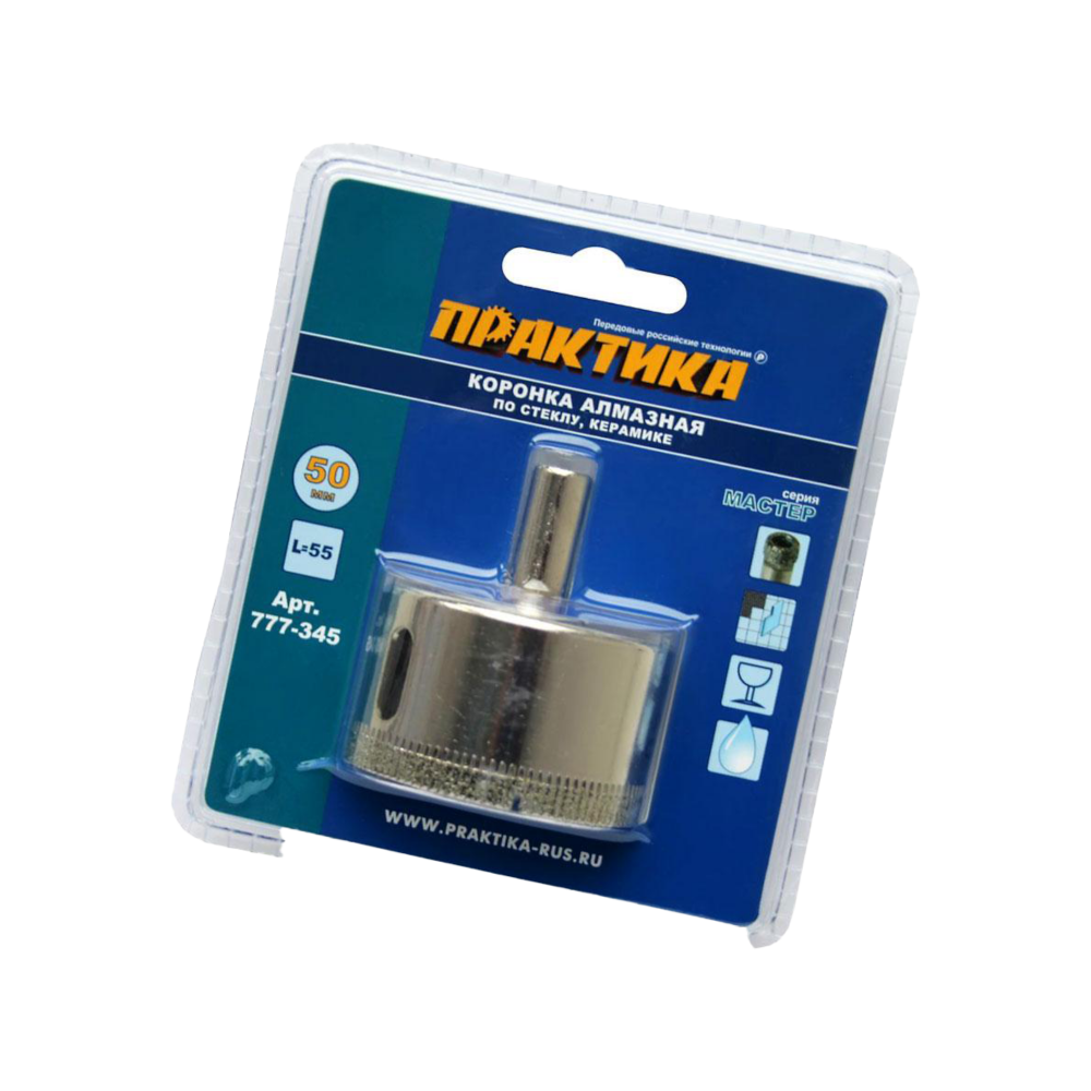 Коронка алмазная по стеклу и керамике 50 мм, Практика 777-345 Мастер